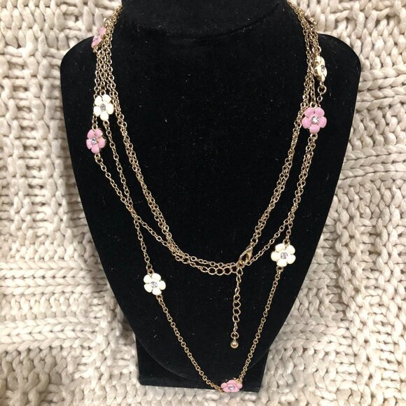 Gold-tone flapper necklace pink white daisy flowers long Fairycore Cottagecore - Picture 1 of 3